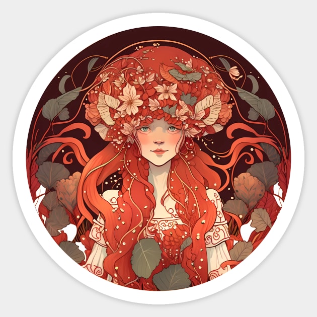 Mushroom Head Woman | Cottagecore Redhead in the Forest Sticker by TheJadeCat